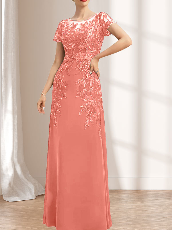 Vestido de novia de corte recto/columna, escote redondo, ilusión, largo hasta el suelo, de encaje y gasa con lentejuelas.