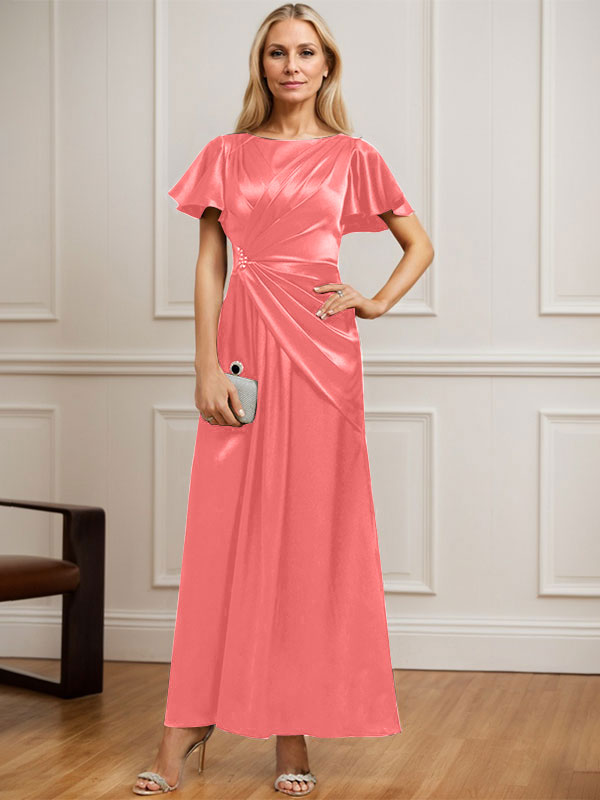 Vestido de novia corte A, escote redondo, largo hasta el tobillo, de satén elástico con plisados ​​y cuentas. 