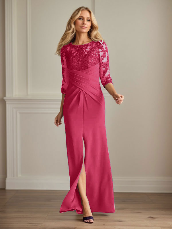 Vestido de madrina de la novia color ciruela, de encaje elástico y corte sirena. 