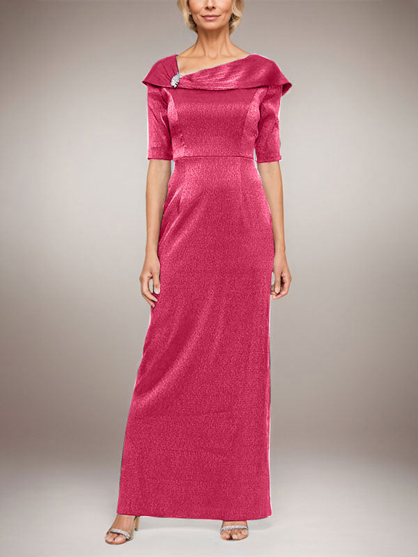 Vestido largo columna brillante con puño doblado, escote en L y mangas al codo