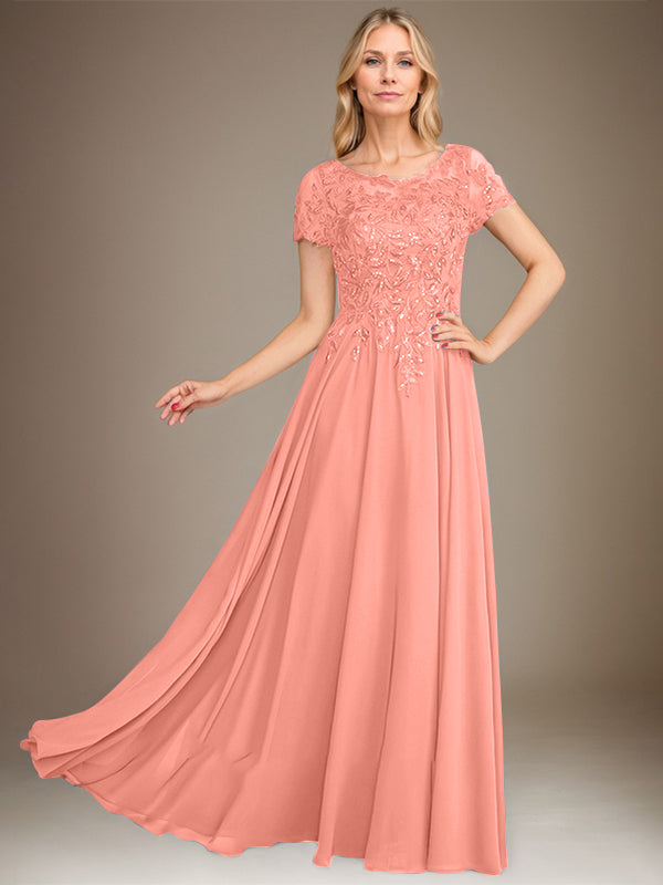 Vestido de corte A, escote redondo, largo hasta el suelo, de gasa, para la madre de la novia, con apliques y lentejuelas. 