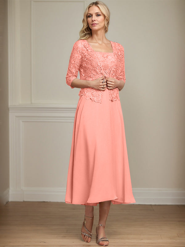 Vestido de corte A, largo midi, de gasa, encaje y lentejuelas para la madre de la novia. 