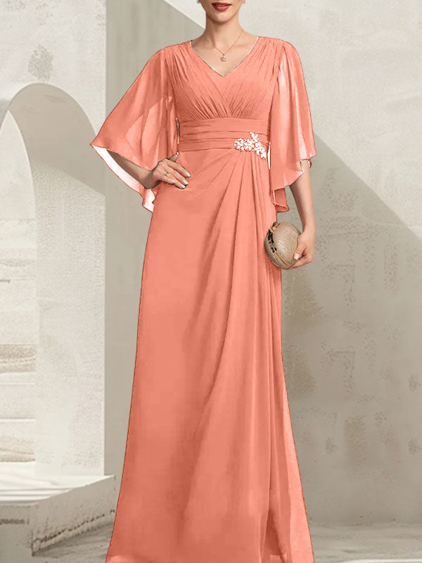 Vestido de corte recto/columna, escote en V, largo hasta el suelo, de gasa, para la madre de la novia, con lentejuelas plisadas y pedrería.