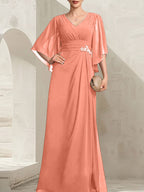 Vestido de corte recto/columna, escote en V, largo hasta el suelo, de gasa, para la madre de la novia, con lentejuelas plisadas y pedrería.