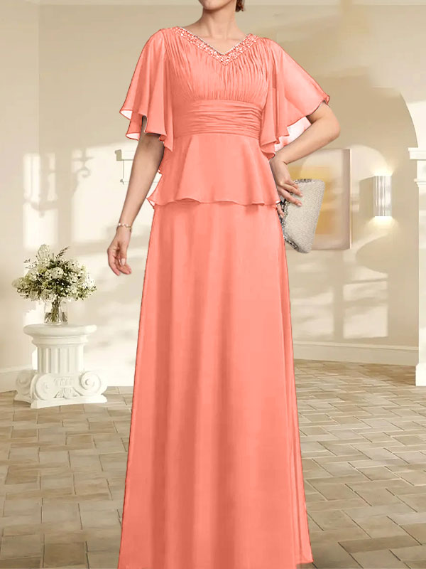 Vestido de gasa de corte A, escote en V, largo hasta el suelo, para la madre de la novia, con plisados ​​y cuentas.