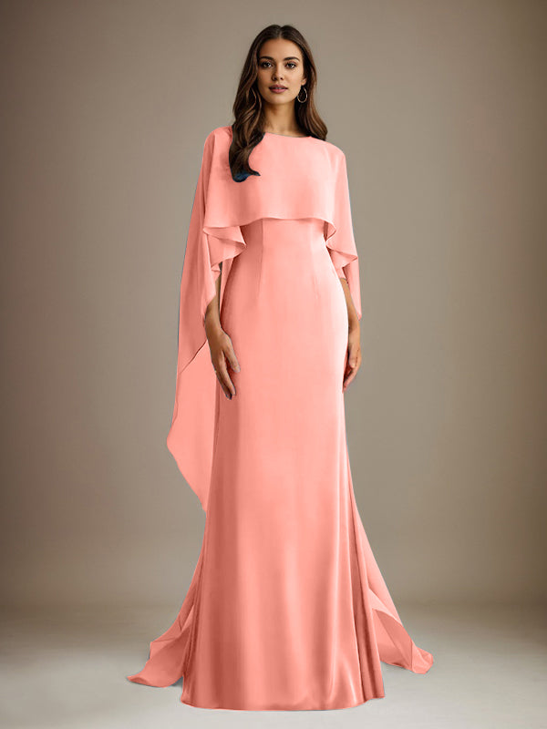 Vestido de gasa de corte recto/columna, escote barco y largo hasta el suelo, para la madre de la novia, con volantes en cascada. 