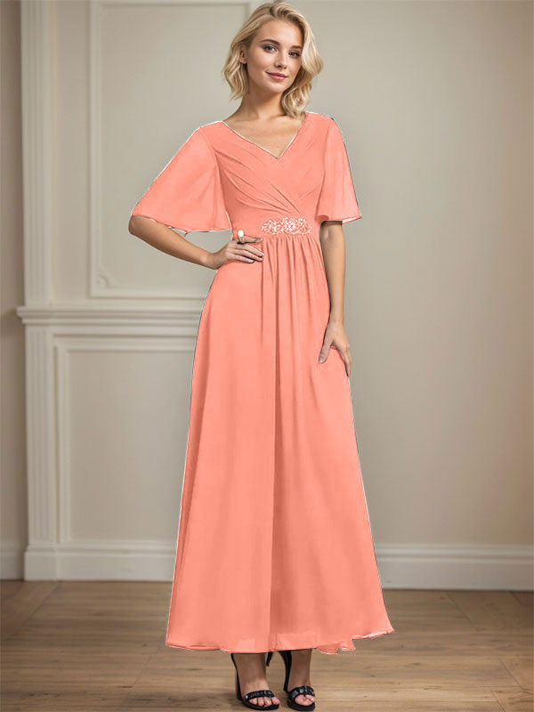 Vestido de gasa de corte A, escote en V, largo hasta el tobillo, para la madre de la novia, con lentejuelas y cuentas plisadas.