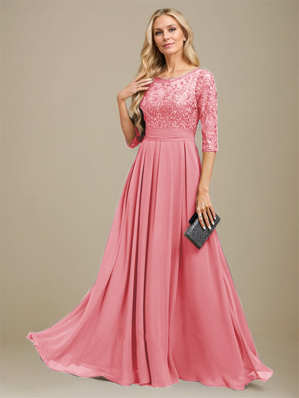 Vestido de corte A, escote redondo, largo hasta el suelo, de gasa de encaje con apliques de lentejuelas para la madre de la novia. 
