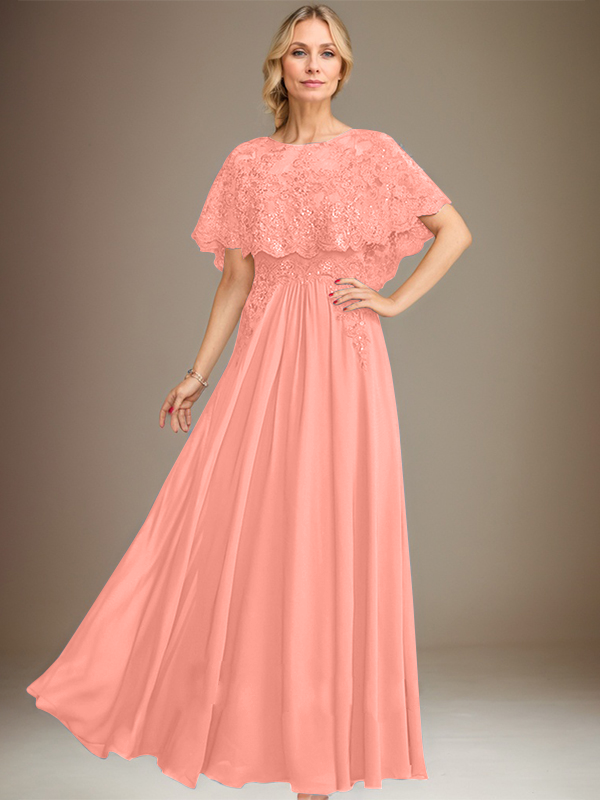 Robe de mère de la mariée en mousseline de soie dentelle, coupe trapèze, col bateau, longueur au sol, ornée d'appliqués de sequins 