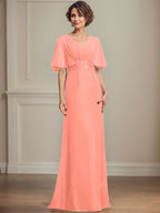 Vestido de corte A, escote en V, largo hasta el suelo, de gasa, para la madre de la novia, con apliques de lentejuelas plisadas y encaje.