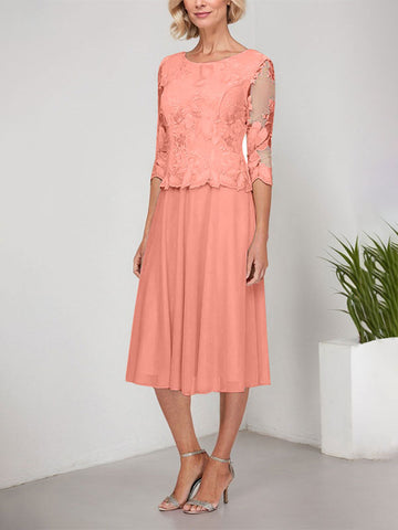 A-line Scoop Tea-Length Lace Chiffon Mother of the Bride Dress With Embroidery