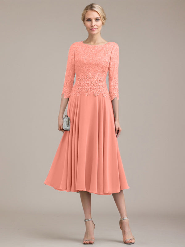 Vestido de corte A con escote redondo y largo hasta la rodilla en gasa de encaje para la madre de la novia 