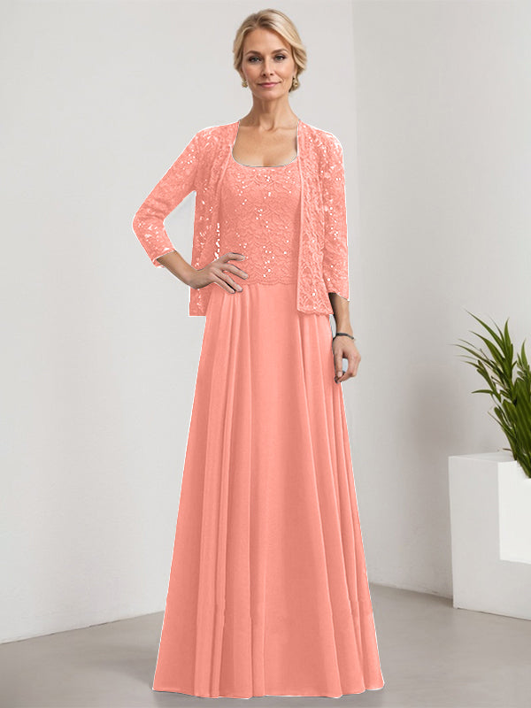 Vestido de corte A, cuadrado, largo hasta el suelo, de encaje y gasa con lentejuelas para la madre de la novia 