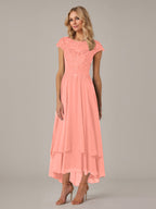 A-line Boat Neck Illusion Asymmetrical Chiffon Lace Mother of the Bride Dress With Applique Pleats