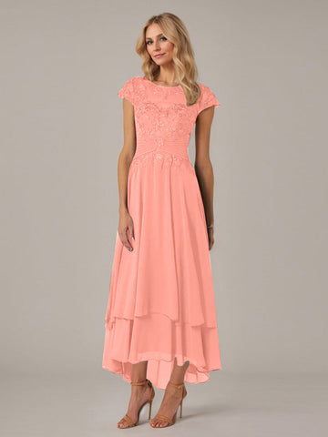 A-line Boat Neck Illusion Asymmetrical Chiffon Lace Mother of the Bride Dress With Applique Pleats