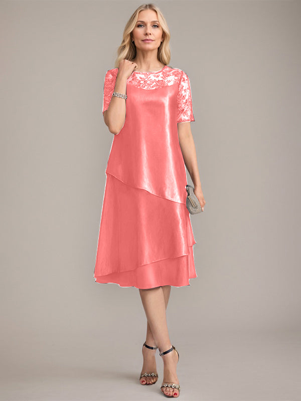 Vestido de corte A, escote redondo, largo hasta la rodilla, para la madre de la novia, con apliques y lentejuelas. 