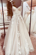 Robe de mariée en dentelle, bustier corset, bretelles spaghetti, coupe trapèze, modèle WD651