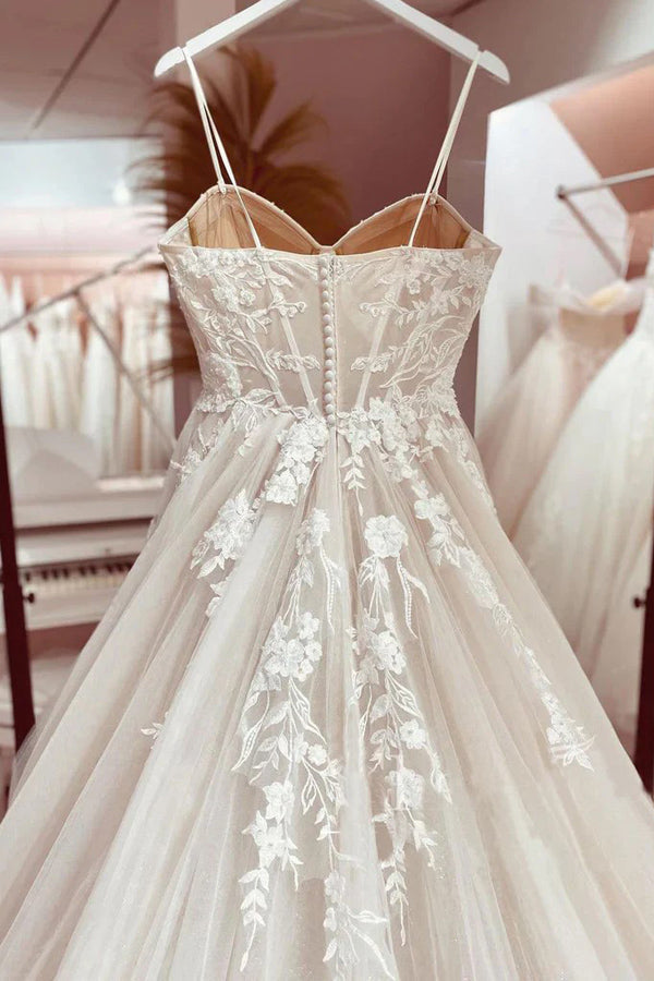 Robe de mariée en dentelle, bustier corset, bretelles spaghetti, coupe trapèze, modèle WD651