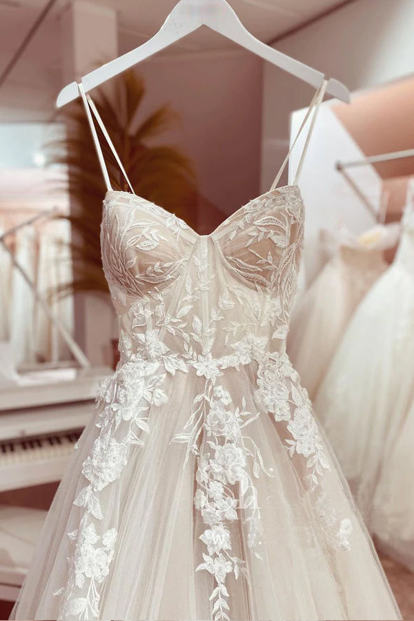Robe de mariée en dentelle, bustier corset, bretelles spaghetti, coupe trapèze, modèle WD651