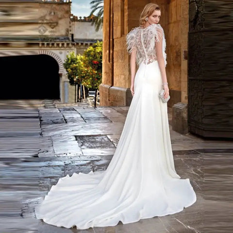 Custom Made Feather Mermaid Elegant V-neck Sleeveless Stain Wedding Dress Vestido De Novia Bridal Gown For Women