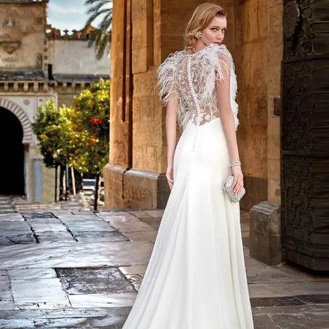 Custom Made Feather Mermaid Elegant V-neck Sleeveless Stain Wedding Dress Vestido De Novia Bridal Gown For Women