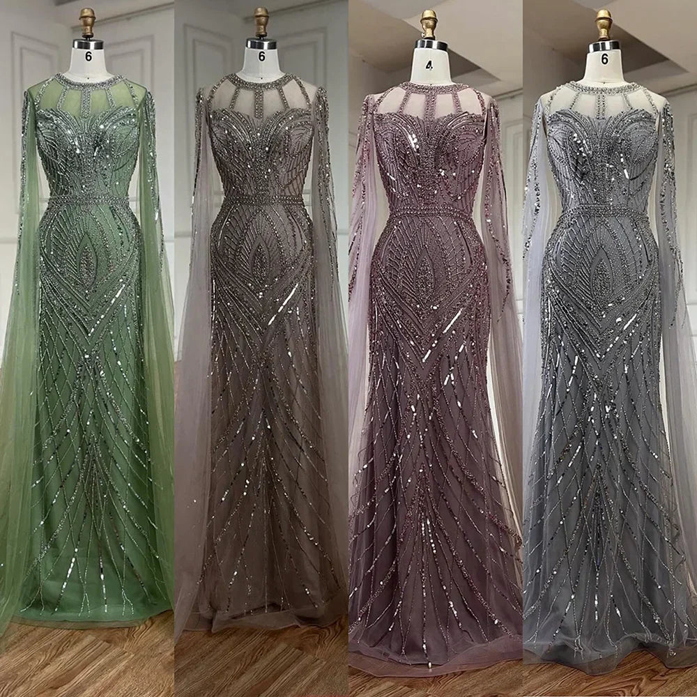 Vestido de noche sirena gris árabe 2025 con elegantes mangas tipo capa con cuentas para ocasiones formales LA72611 