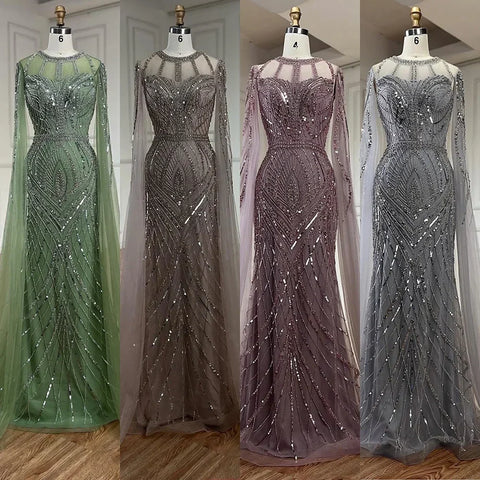 Robe de soirée sirène grise style arabe 2025, élégante robe à manches cape perlées, pour une occasion formelle, LA72611 