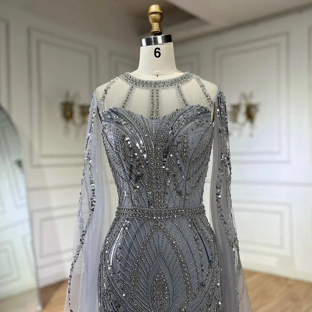 Vestido de noche sirena gris árabe 2025 con elegantes mangas tipo capa con cuentas para ocasiones formales LA72611 