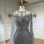 Vestido de noche sirena gris árabe 2025 con elegantes mangas tipo capa con cuentas para ocasiones formales LA72611 