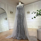 Vestido de noche sirena gris árabe 2025 con elegantes mangas tipo capa con cuentas para ocasiones formales LA72611 
