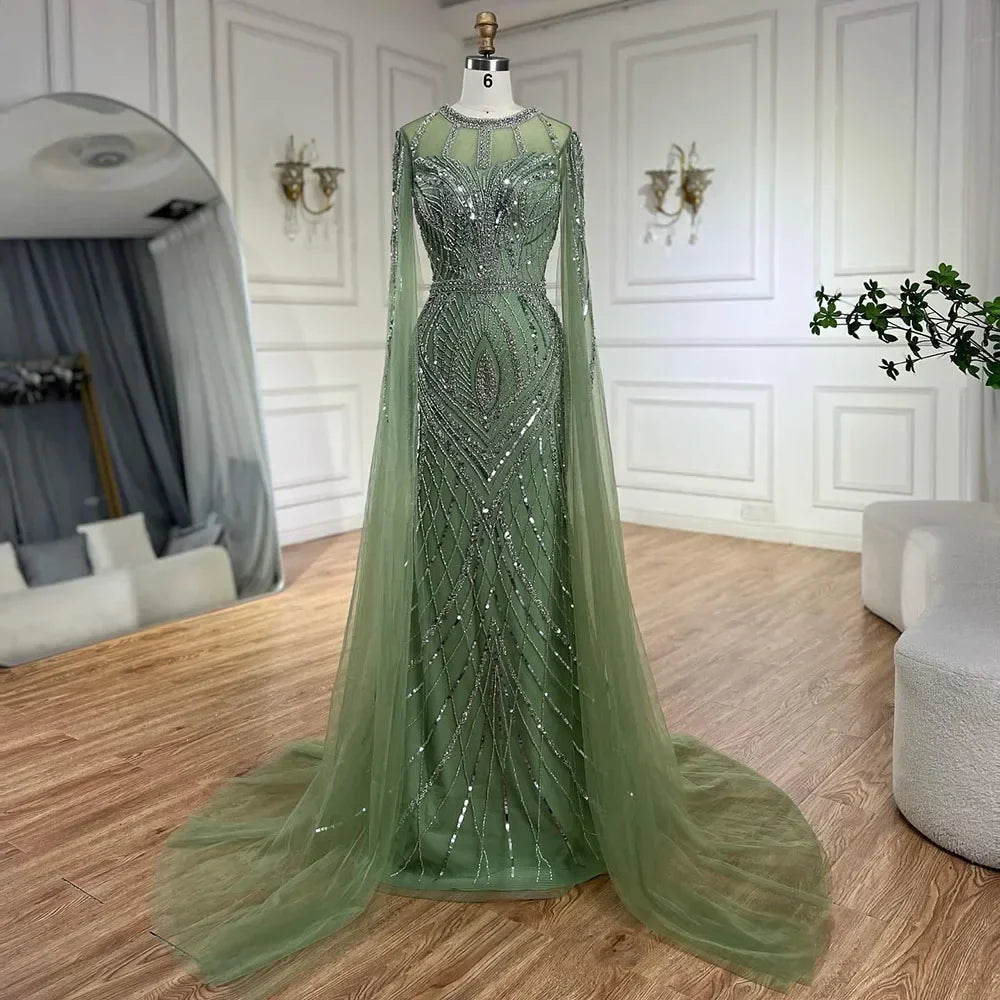 Vestido de noche sirena gris árabe 2025 con elegantes mangas tipo capa con cuentas para ocasiones formales LA72611 