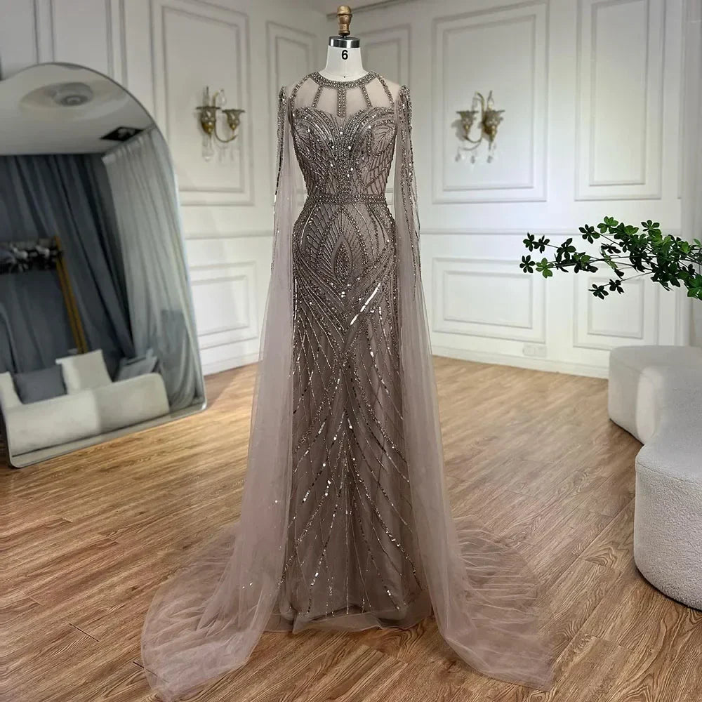Vestido de noche sirena gris árabe 2025 con elegantes mangas tipo capa con cuentas para ocasiones formales LA72611 