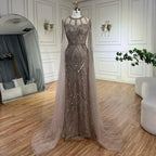 Vestido de noche sirena gris árabe 2025 con elegantes mangas tipo capa con cuentas para ocasiones formales LA72611 