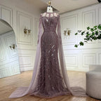 Vestido de noche sirena gris árabe 2025 con elegantes mangas tipo capa con cuentas para ocasiones formales LA72611 