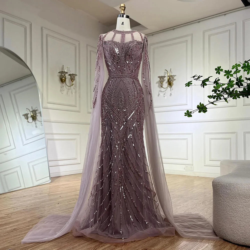Vestido de noche sirena gris árabe 2025 con elegantes mangas tipo capa con cuentas para ocasiones formales LA72611 