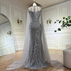 Vestido de noche sirena gris árabe 2025 con elegantes mangas tipo capa con cuentas para ocasiones formales LA72611 