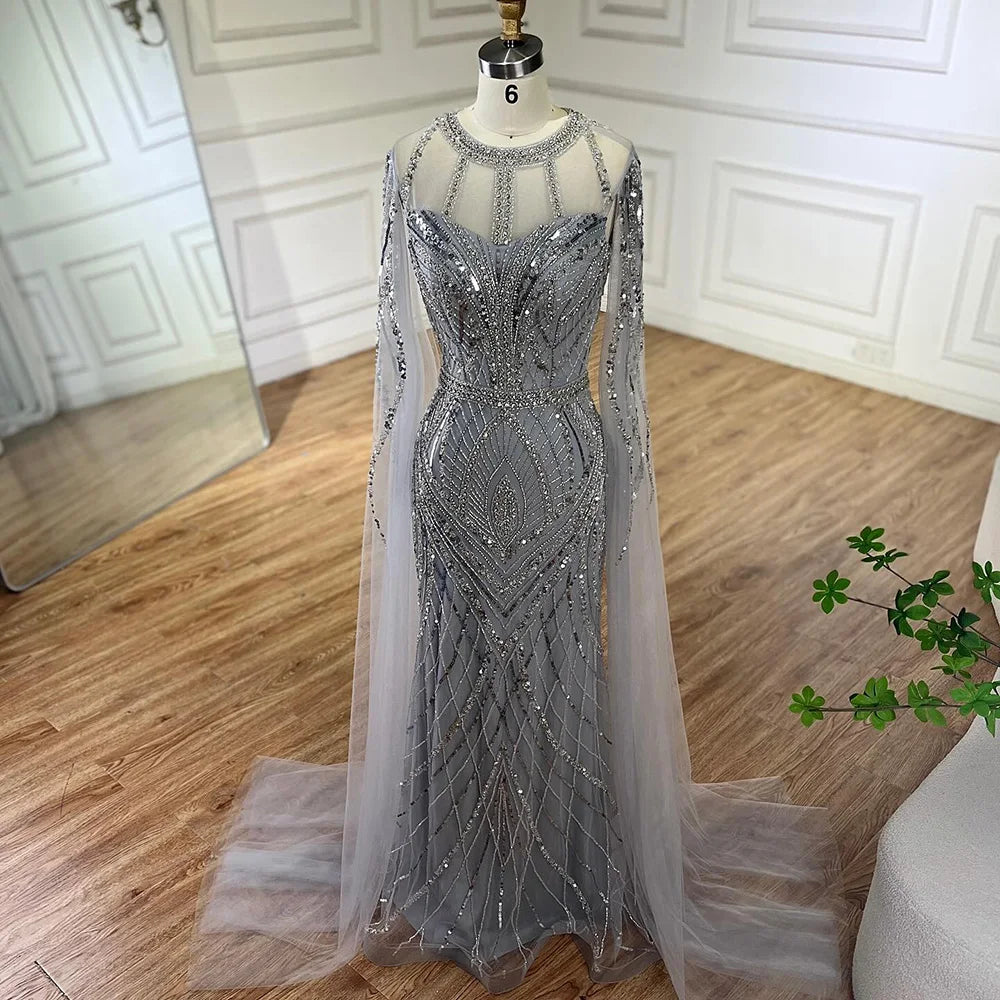 Vestido de noche sirena gris árabe 2025 con elegantes mangas tipo capa con cuentas para ocasiones formales LA72611 