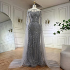 Vestido de noche sirena gris árabe 2025 con elegantes mangas tipo capa con cuentas para ocasiones formales LA72611 
