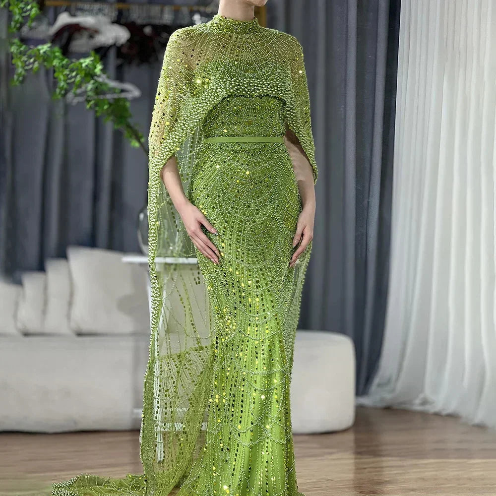 Vestidos de noche de lujo estilo sirena color nude, con capa larga, estilo árabe, para ocasiones formales 2025 LA72032 