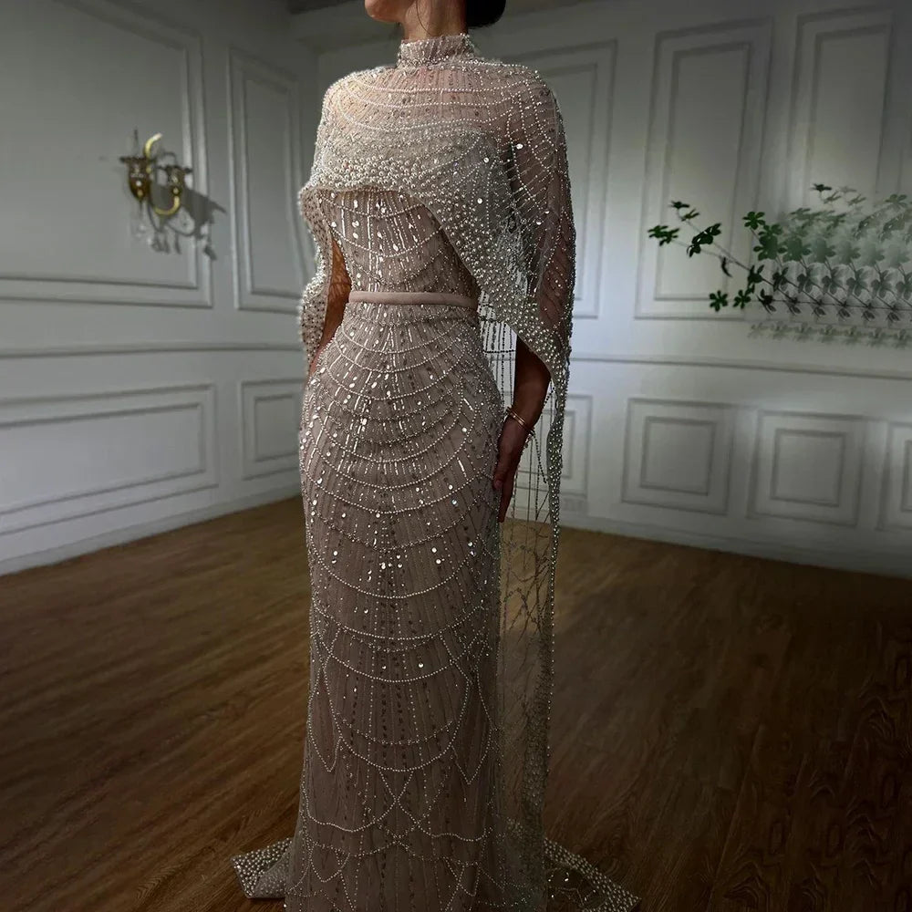 Vestidos de noche de lujo estilo sirena color nude, con capa larga, estilo árabe, para ocasiones formales 2025 LA72032 