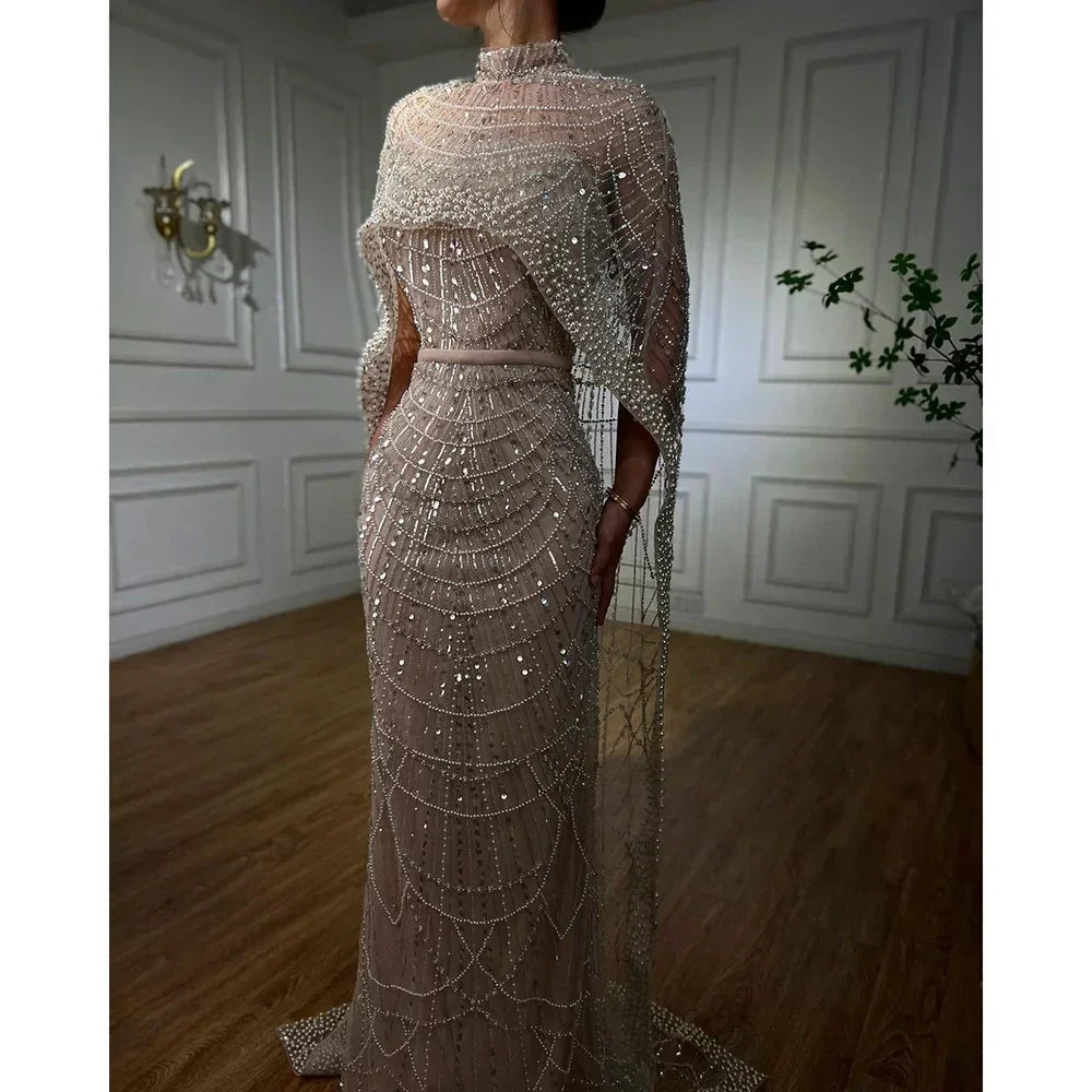 Vestidos de noche de lujo estilo sirena color nude, con capa larga, estilo árabe, para ocasiones formales 2025 LA72032 