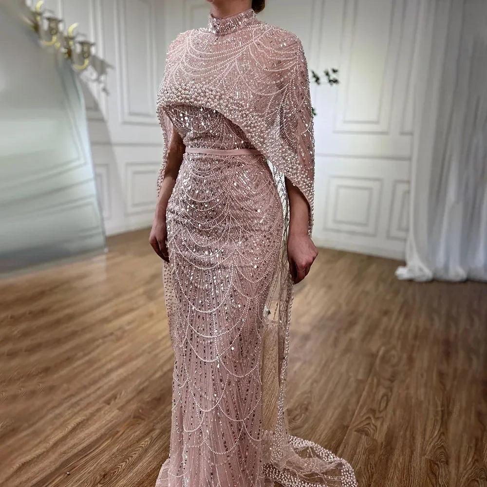 Vestidos de noche de lujo estilo sirena color nude, con capa larga, estilo árabe, para ocasiones formales 2025 LA72032 