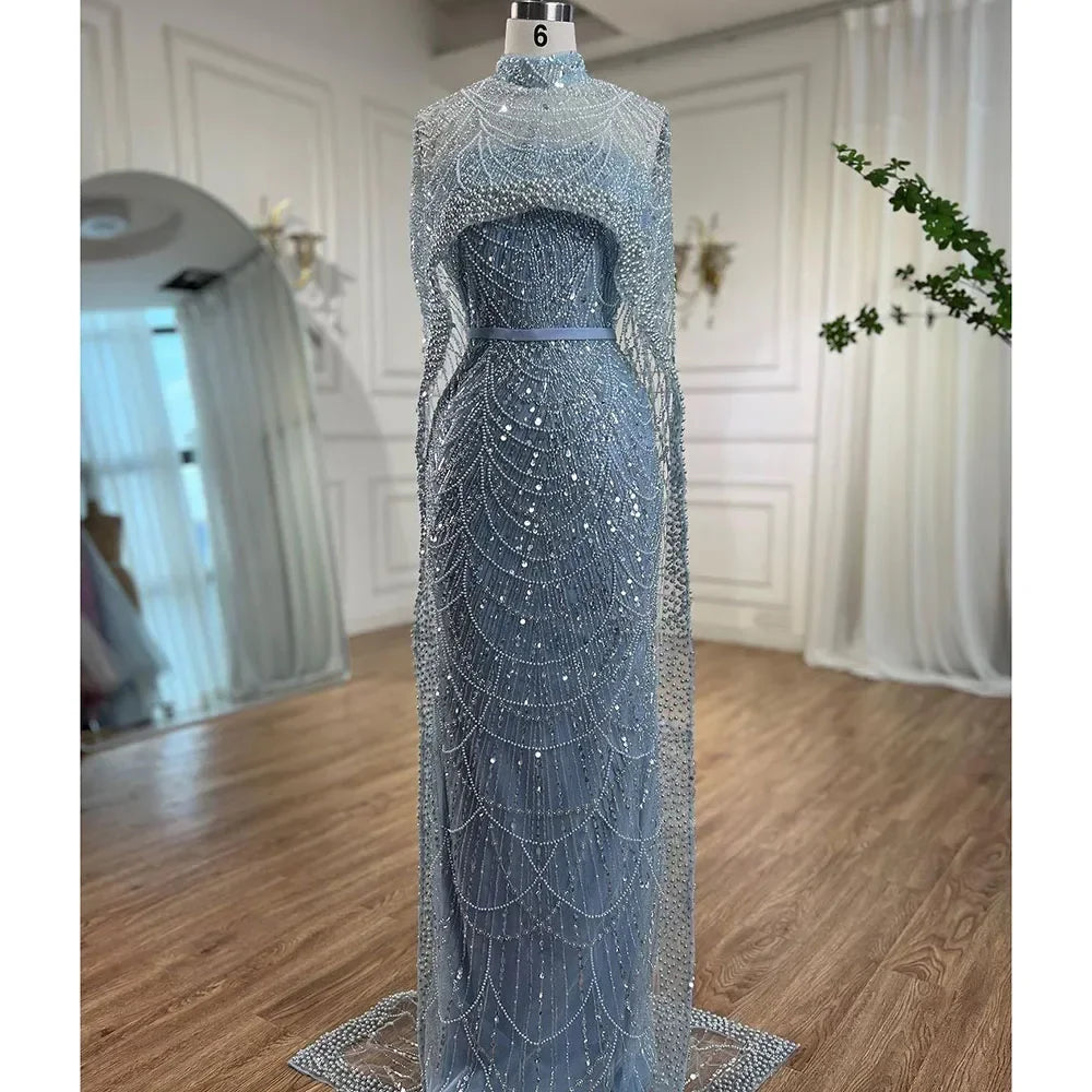 Vestidos de noche de lujo estilo sirena color nude, con capa larga, estilo árabe, para ocasiones formales 2025 LA72032 