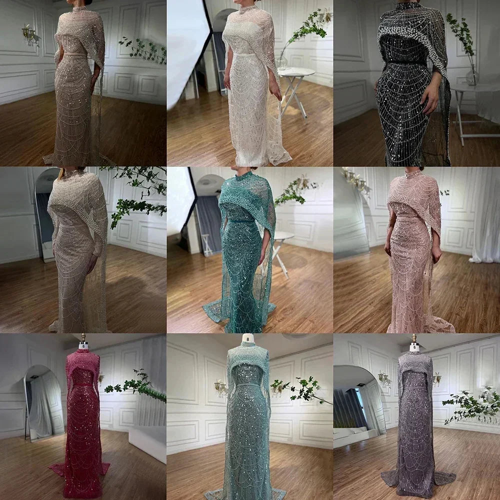 Vestidos de noche de lujo estilo sirena color nude, con capa larga, estilo árabe, para ocasiones formales 2025 LA72032 