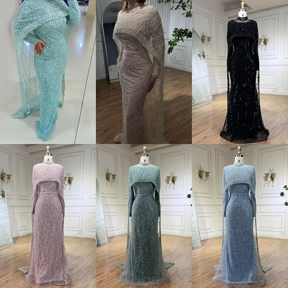 Vestidos de noche de lujo estilo sirena color nude, con capa larga, estilo árabe, para ocasiones formales 2025 LA72032 