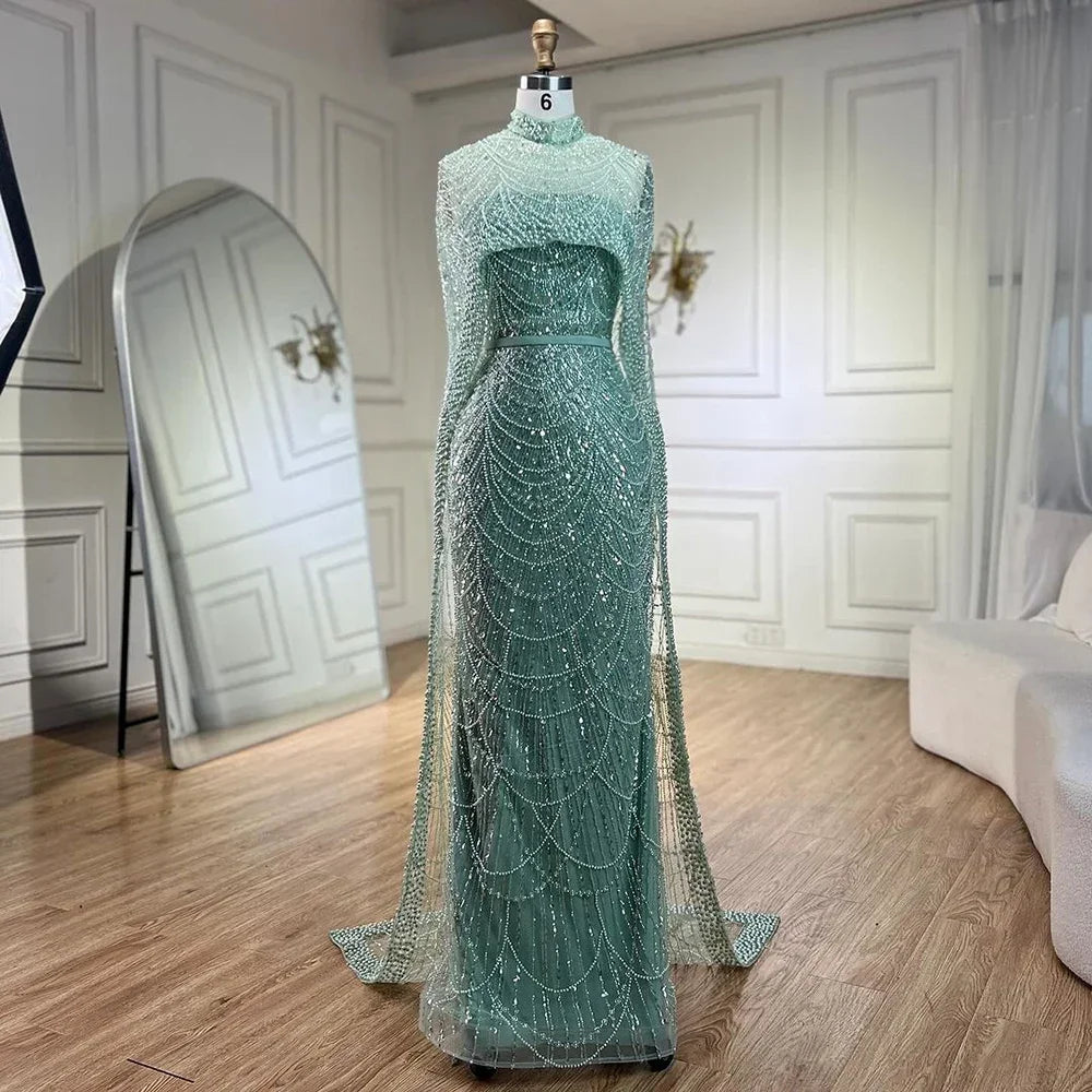 Vestidos de noche de lujo estilo sirena color nude, con capa larga, estilo árabe, para ocasiones formales 2025 LA72032 