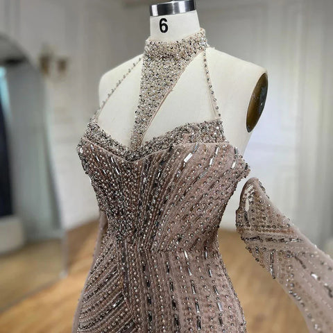 Caramel Mermaid Halter Sleeveless With Gloves Beaded Evening Gowns 2025 Elegant Party Dresses For Women LA72232