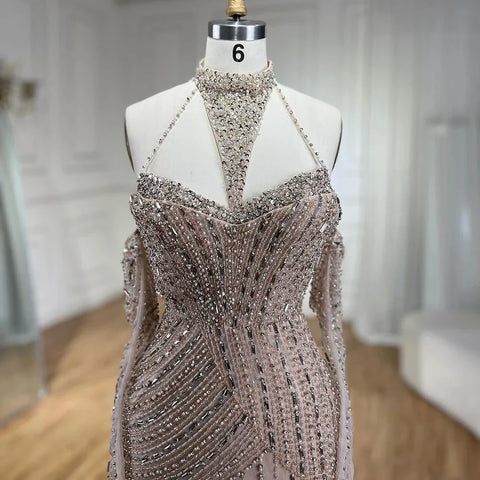 Caramel Mermaid Halter Sleeveless With Gloves Beaded Evening Gowns 2025 Elegant Party Dresses For Women LA72232