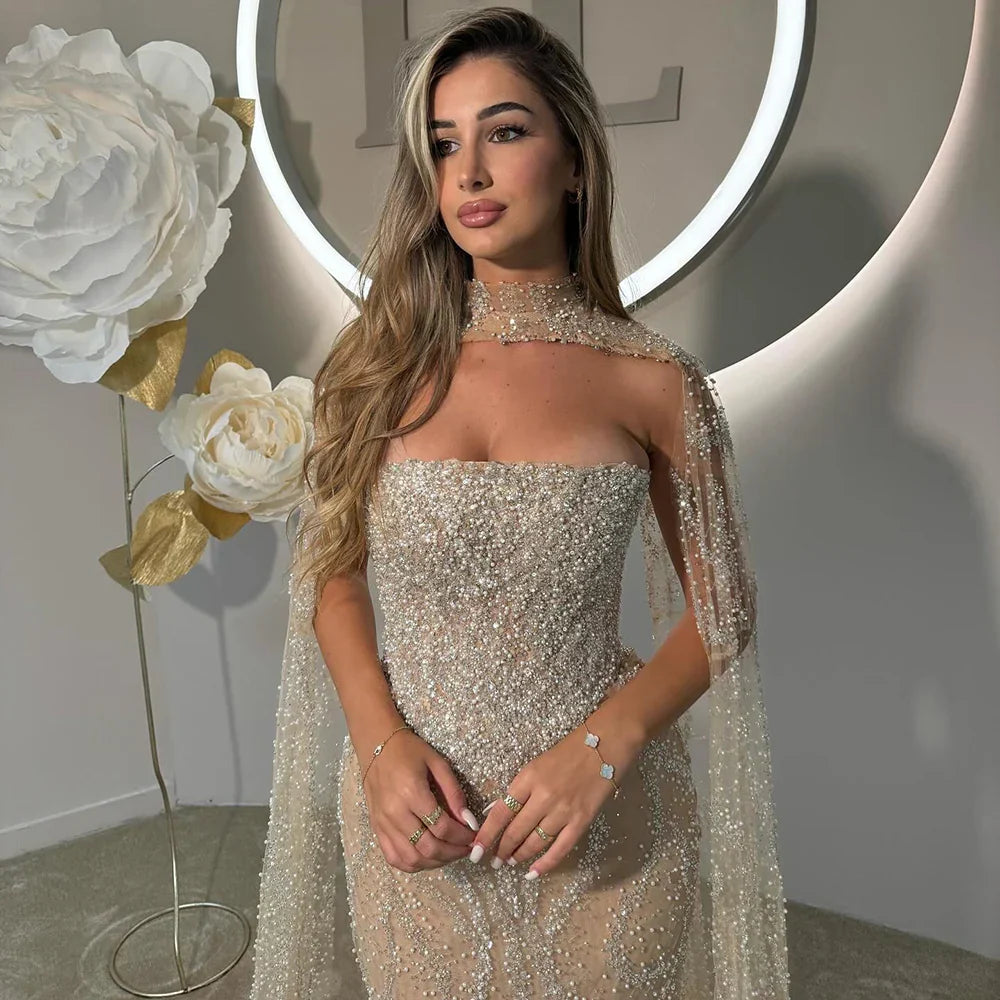 Nude Mermaid Evening Dresses Gowns with Detachable Cape Sleeves and Lace Up Back for Formal Occasion LA72824