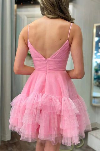 Robe de soirée rose en tulle à fines bretelles et coupe trapèze PD481